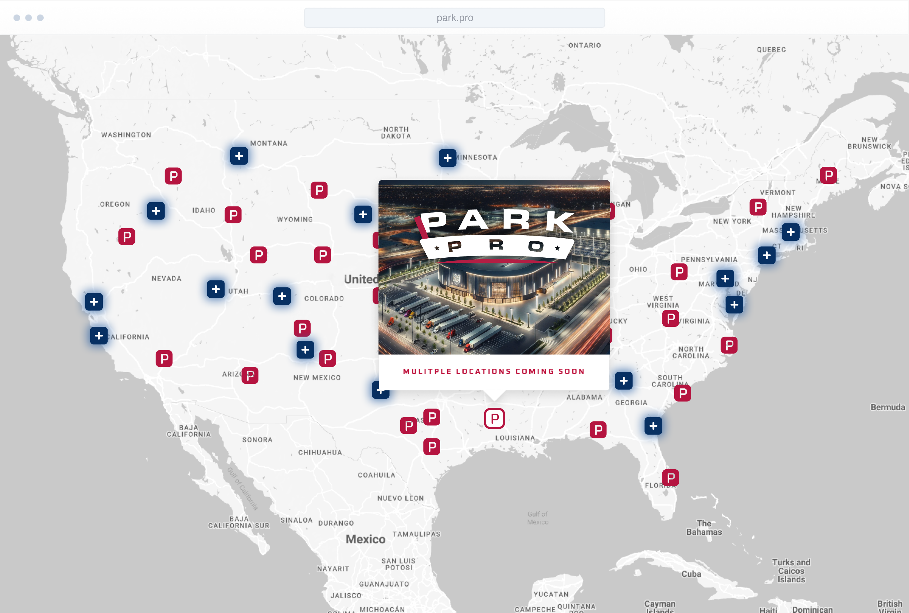 Park Pro Map with Parking location drop-pins throughout the USA - Pin Location Shown in Card
